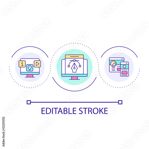 Designing strategy loop concept icon. Creating brand identity abstract idea thin line illustration. Social media marketing. Web page. Isolated outline drawing. Editable stroke. Arial font used