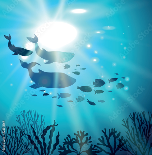 Cute blue whale, dolphin, fish and corals. World Ocean Day June 8. Tropical square poster with landscape of underwater world and marine animals. Vector illustration for design, decor, flyer.