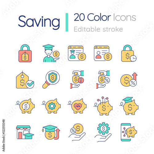 Savings and budget RGB color icons set. Investment and profit. Money income. Funds. Isolated vector illustrations. Simple filled line drawings collection. Editable stroke. Quicksand-Light font used