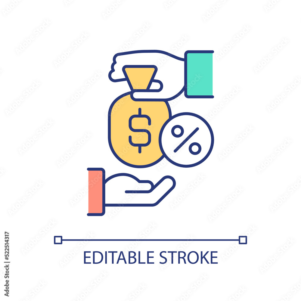 Cash loan with optimal rate RGB color icon. Business expenses. Financial aid for entrepreneurs. Isolated vector illustration. Simple filled line drawing. Editable stroke. Arial font used Cash loan with optimal rate RGB color icon. Business expenses. Financial aid for entrepreneurs. Isolated vector illustration. Simple filled line drawing. Editable stroke. Arial font used