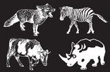 Vector set of animals on black isolated, graphical fox,zebra,cow and rhino