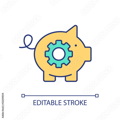 Piggy bank with cogwheel RGB color icon. Bank account setup. Financial technology. Savings. Isolated vector illustration. Simple filled line drawing. Editable stroke. Arial font used