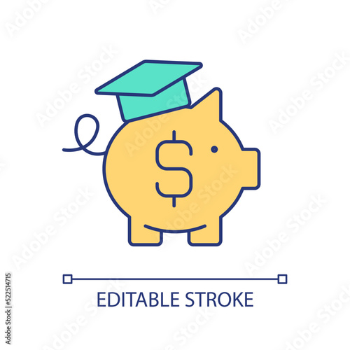 Savings for college RGB color icon. Piggy bank with mortar board and dollar. Education expenses. Isolated vector illustration. Simple filled line drawing. Editable stroke. Arial font used