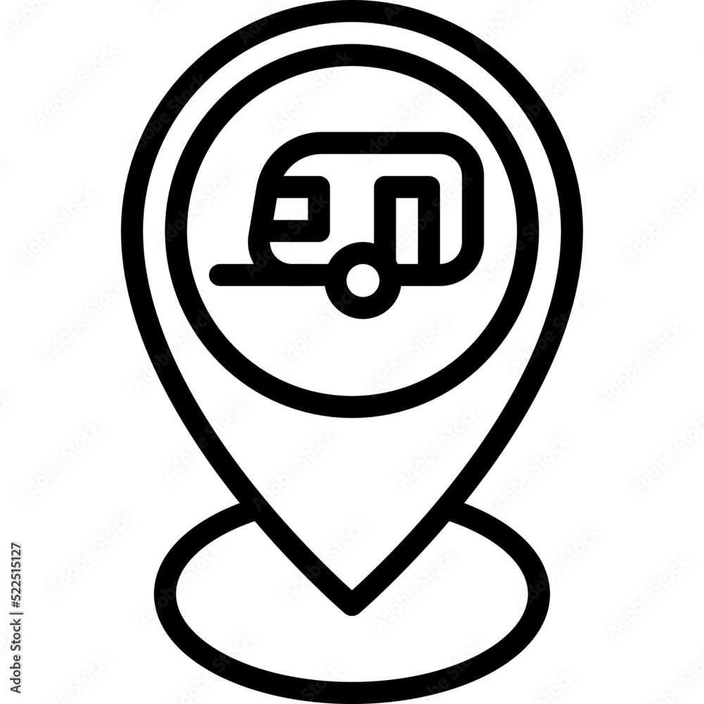 Pin with camper trailer sign icon, location map and navigation vector Pin with camper trailer sign icon, location map and navigation vector