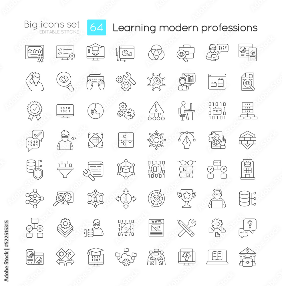 Learning modern professions linear icons set. Professional education. Customizable thin line symbols. Isolated vector outline illustrations. Editable stroke. Quicksand-Light font used Learning modern professions linear icons set. Professional education. Customizable thin line symbols. Isolated vector outline illustrations. Editable stroke. Quicksand-Light font used