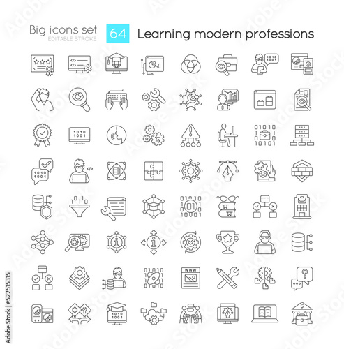 Learning modern professions linear icons set. Professional education. Customizable thin line symbols. Isolated vector outline illustrations. Editable stroke. Quicksand-Light font used