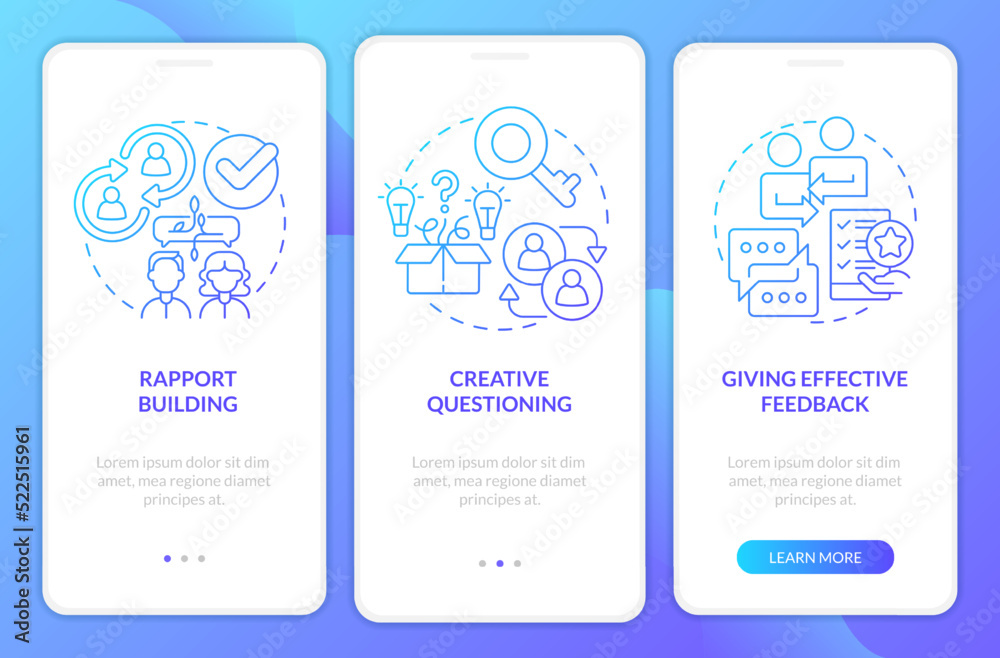 Coaching employees steps blue gradient onboarding mobile app screen ...