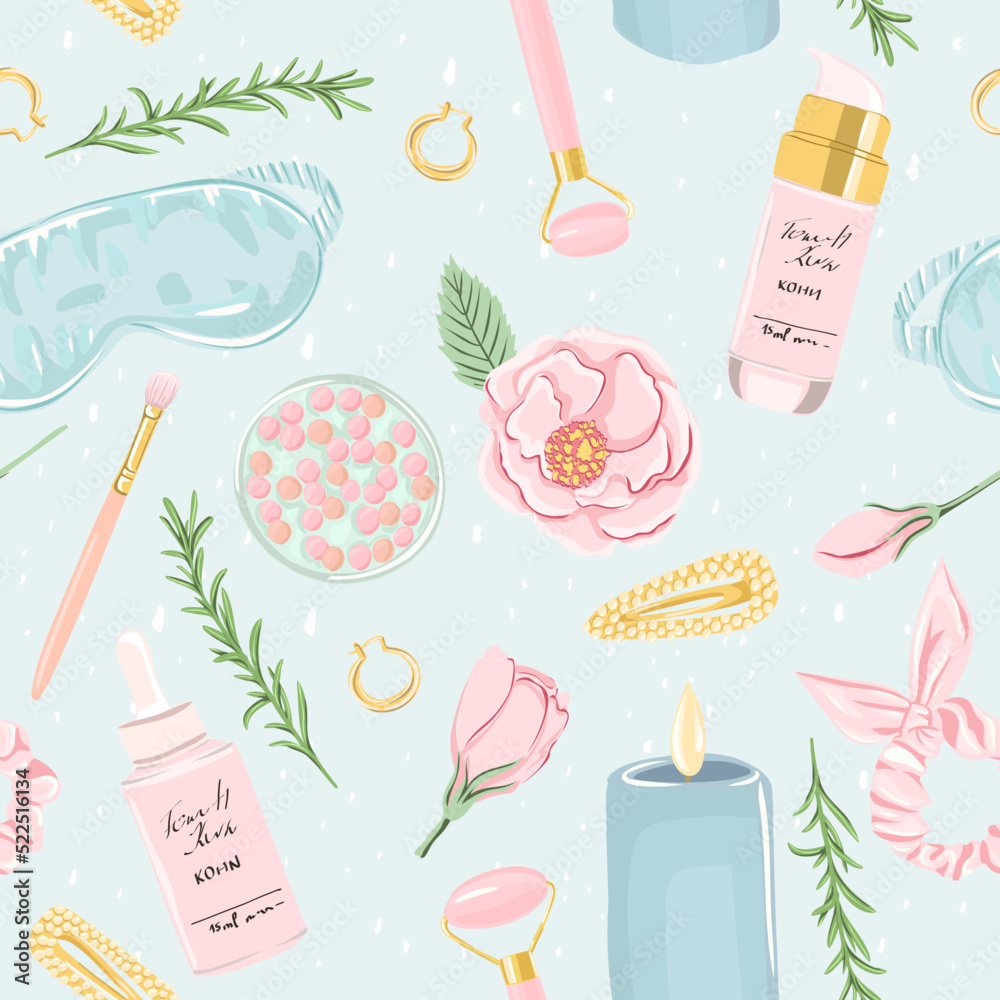 Seamless pattern with cosmetic and beauty products. Skin care