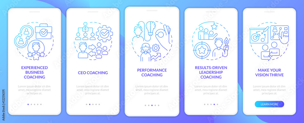 Executive coaching service blue gradient onboarding mobile app screen. Walkthrough 5 steps graphic instructions with linear concepts. UI, UX, GUI template. Myriad Pro-Bold, Regular fonts used