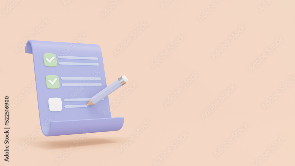 Concept pencil and checklist 3D. Clipboard and pencil on Yellow background, notepad icon. Check ready work 3d render illustration. Concept pencil and checklist 3D. Clipboard and pencil on Yellow background, notepad icon. Check ready work 3d render illustration.