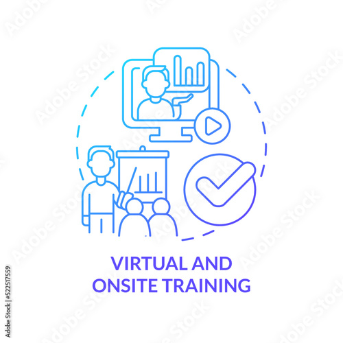 Virtual and onsite training blue gradient concept icon. Effective acquiring knowledge abstract idea thin line illustration. Digital education. Isolated outline drawing. Myriad Pro-Bold font used