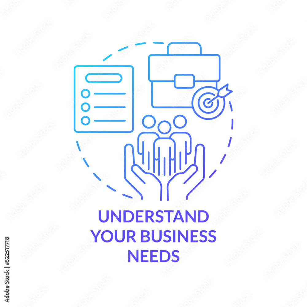 Understand business needs blue gradient concept icon. Creating leader practice abstract idea thin line illustration. Enterprise analysis. Isolated outline drawing. Myriad Pro-Bold font used Understand business needs blue gradient concept icon. Creating leader practice abstract idea thin line illustration. Enterprise analysis. Isolated outline drawing. Myriad Pro-Bold font used