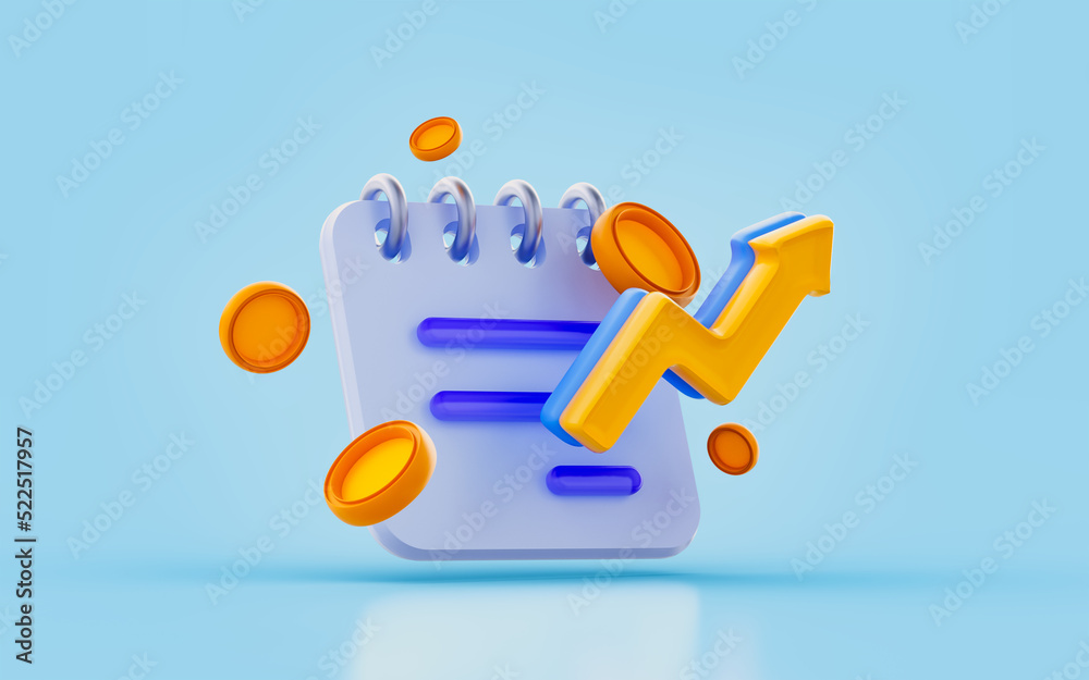 notepad with dollar coin chart up arrow sign 3d render concept for financial growth document notepad with dollar coin chart up arrow sign 3d render concept for financial growth document