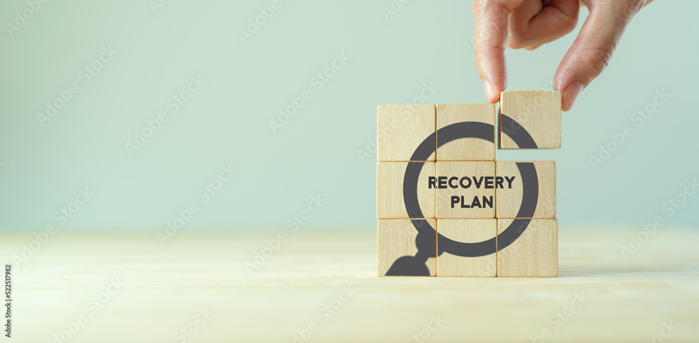Recovery plan in recession. Strengthen business in economic downturn. Making customers priority, marketing strategies, managing staff, networking, develop innovative practices, seek assistance. - obrazy, fototapety, plakaty 