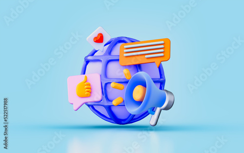 globe sign megaphone message chat like and heart emoji  3d render concept for social media network