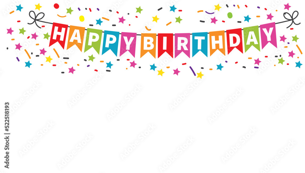 Happy birthday banner. Birthday party flags with confetti on white