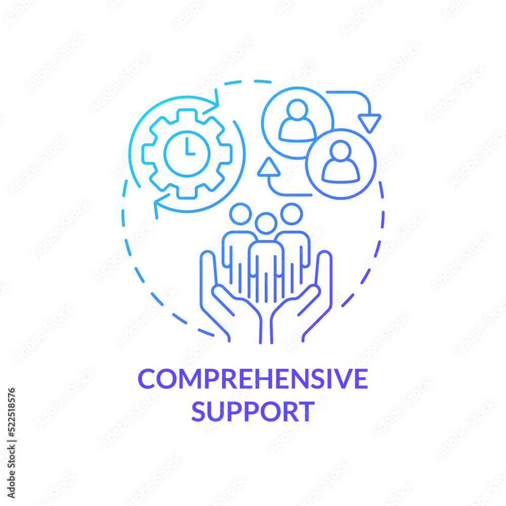 Comprehensive support blue gradient concept icon. Business coaching platform promotion abstract idea thin line illustration. Engagement. Isolated outline drawing. Myriad Pro-Bold font used Comprehensive support blue gradient concept icon. Business coaching platform promotion abstract idea thin line illustration. Engagement. Isolated outline drawing. Myriad Pro-Bold font used