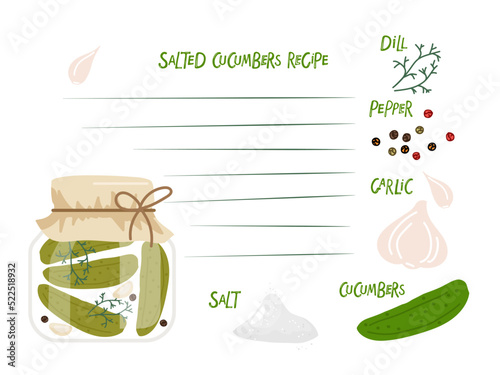 Salted cucumbers recipe with copy space. Jar preserved vegetables with ingredients for recipe, vegetables and spices. Hand drawn doodle sketch isolated on white. Flat vector Food recipe template.