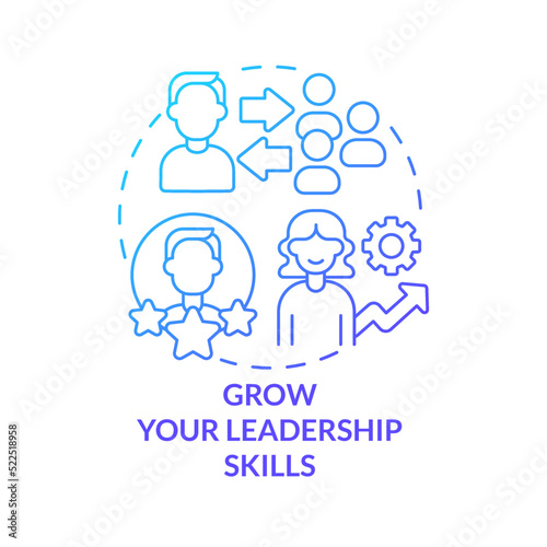 Grow leadership skills blue gradient concept icon. Become certified coach course abstract idea thin line illustration. Personal growth. Management. Isolated outline drawing. Myriad Pro-Bold font used