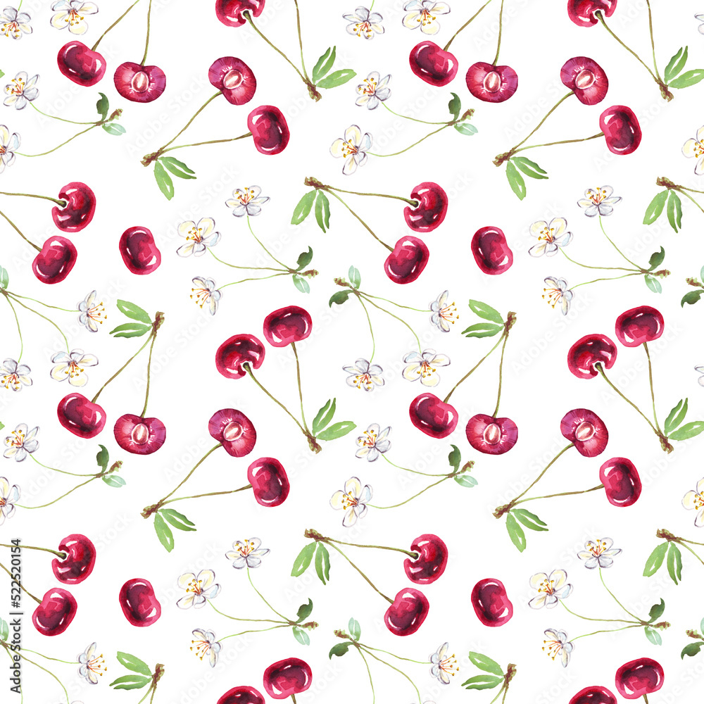 Cherry pattern. Watercolor illustration