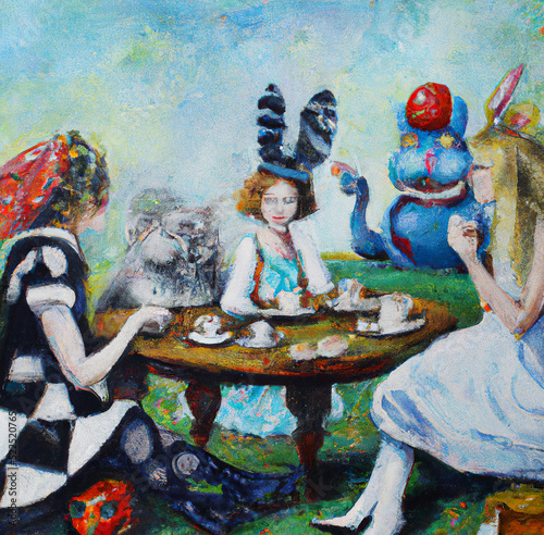 Alice in Wonderland motifs mad tea party. Lewis Carroll fairy tale with mad crazy characters. Digital oil painting art. Illustration for print on poster, card, canvas, cover. Surreal artwork photo