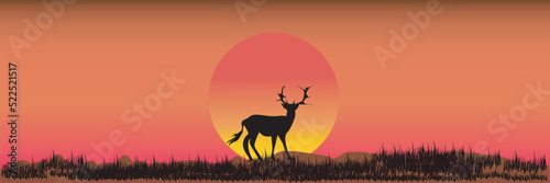 Horizontal banner of landscape. Doe and fawn on magic misty meadow. Silhouettes of  grass and animals. Pink and orange background  illustration. Bookmark. Kenya safari.