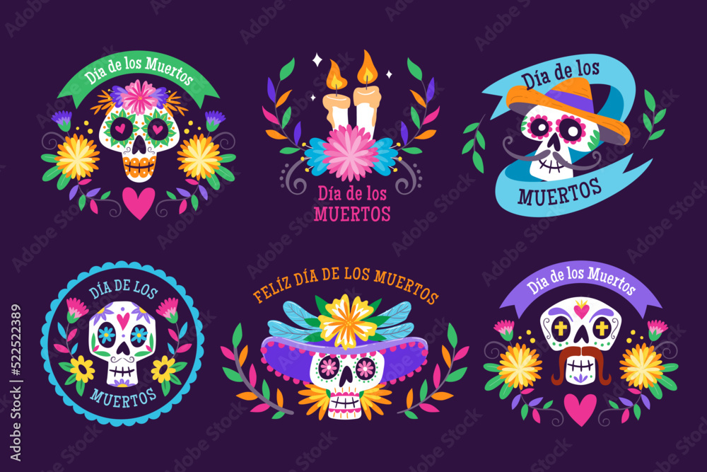 Mexican Dia de los Muertos label collection. 6 labels with traditional Mexican elements to celebrate the Day of the Dead. Isolated elements. Set 1 of 3.