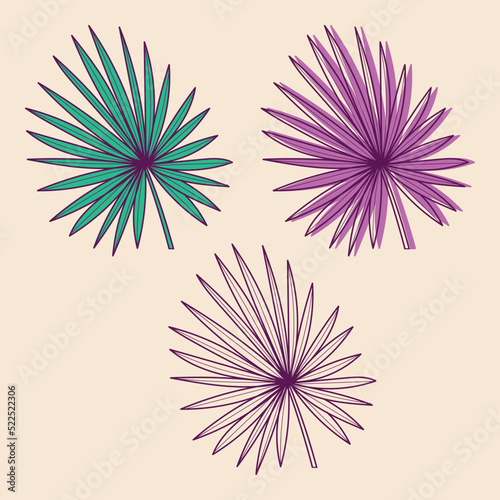 Set of three hand drawn tropical palm leaves, vector illustration for cards, wedding invitation and birthday cards