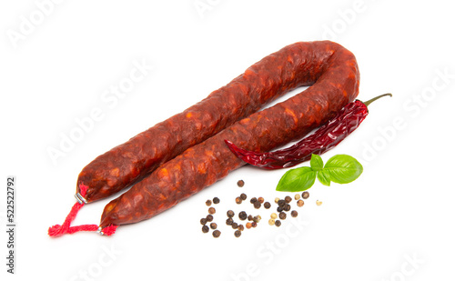 Spanish chorizo sausage on white background