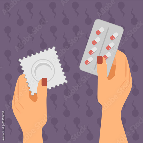 contraception, pills in hand, condom in hand, spermatozoa in the background, medical abortion, coitus interruptus, choice of contraceptive method, birth control pills, unwanted pregnancy