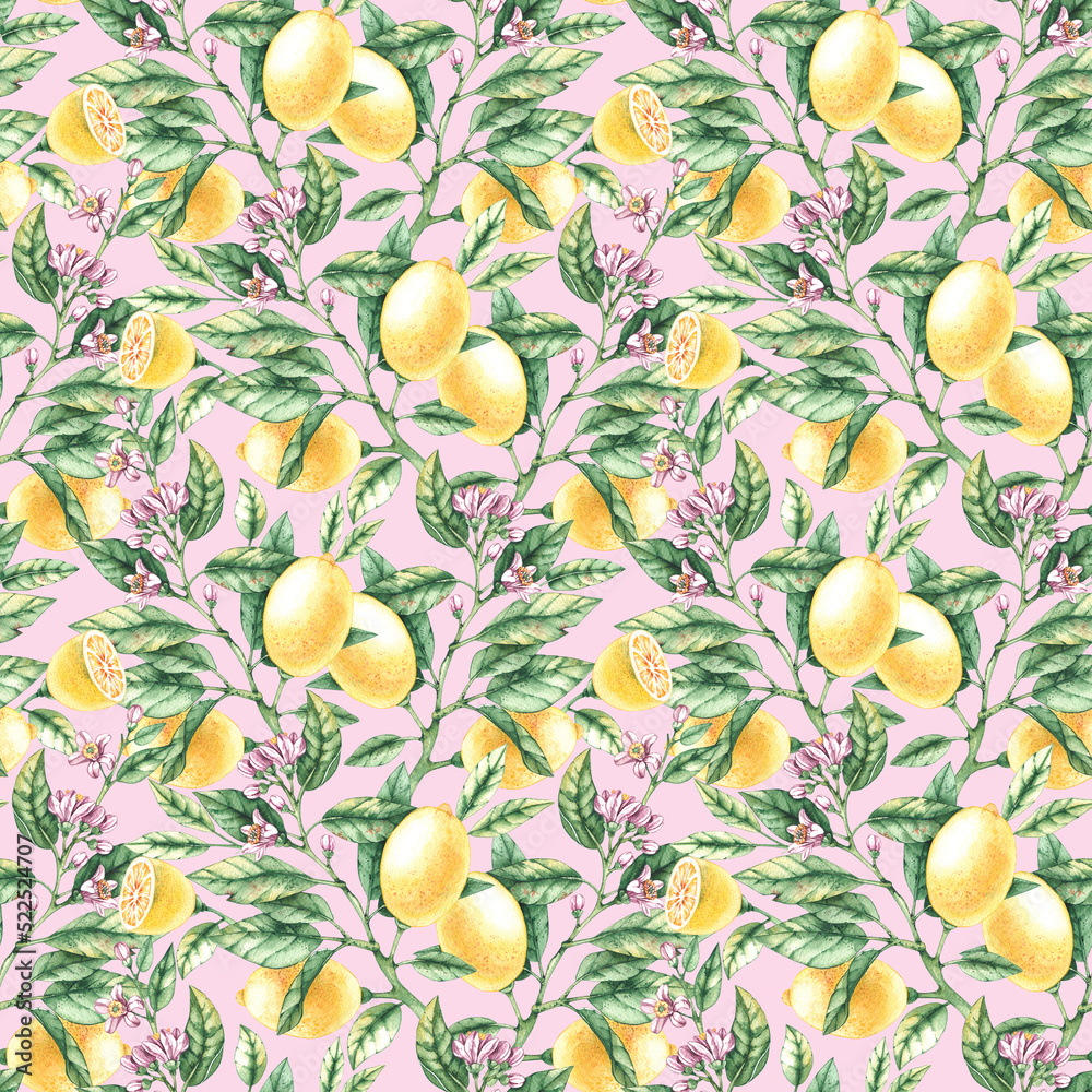 Watercolor pattern with hand-drawn lemons
