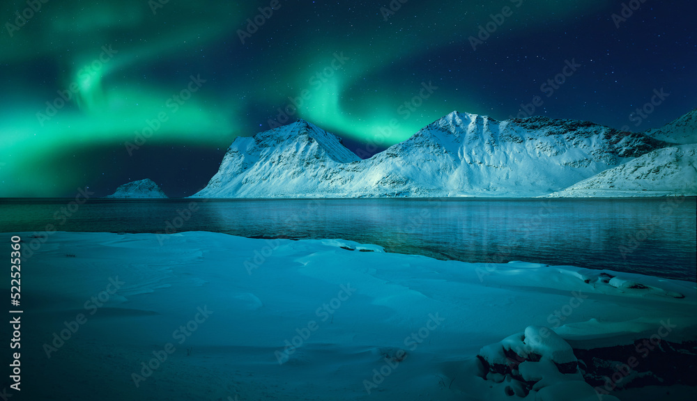 Magical aurora borealis above frozen sea coast and snow covered ...