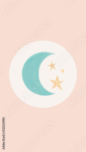 Blue moon with small stars on a pink background