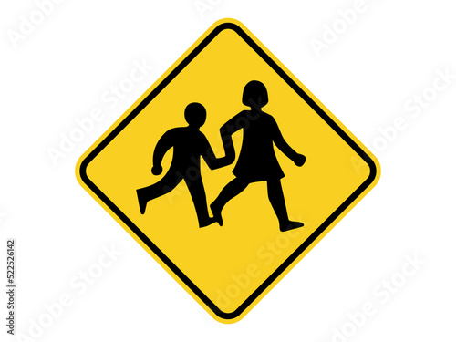 Fototapeta isolated silhouette boy and girl, children crossing road sign symbol on round diamond square board for information, notification, alert post, road or street board etc