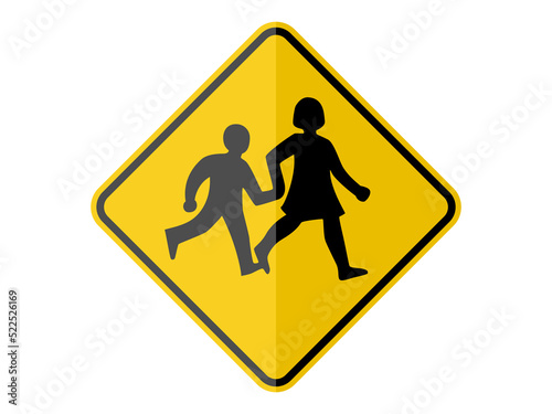 isolated silhouette boy and girl, children crossing road sign symbol on round diamond square board for information, notification, alert post, road or street board etc. flat paperwork vector design.