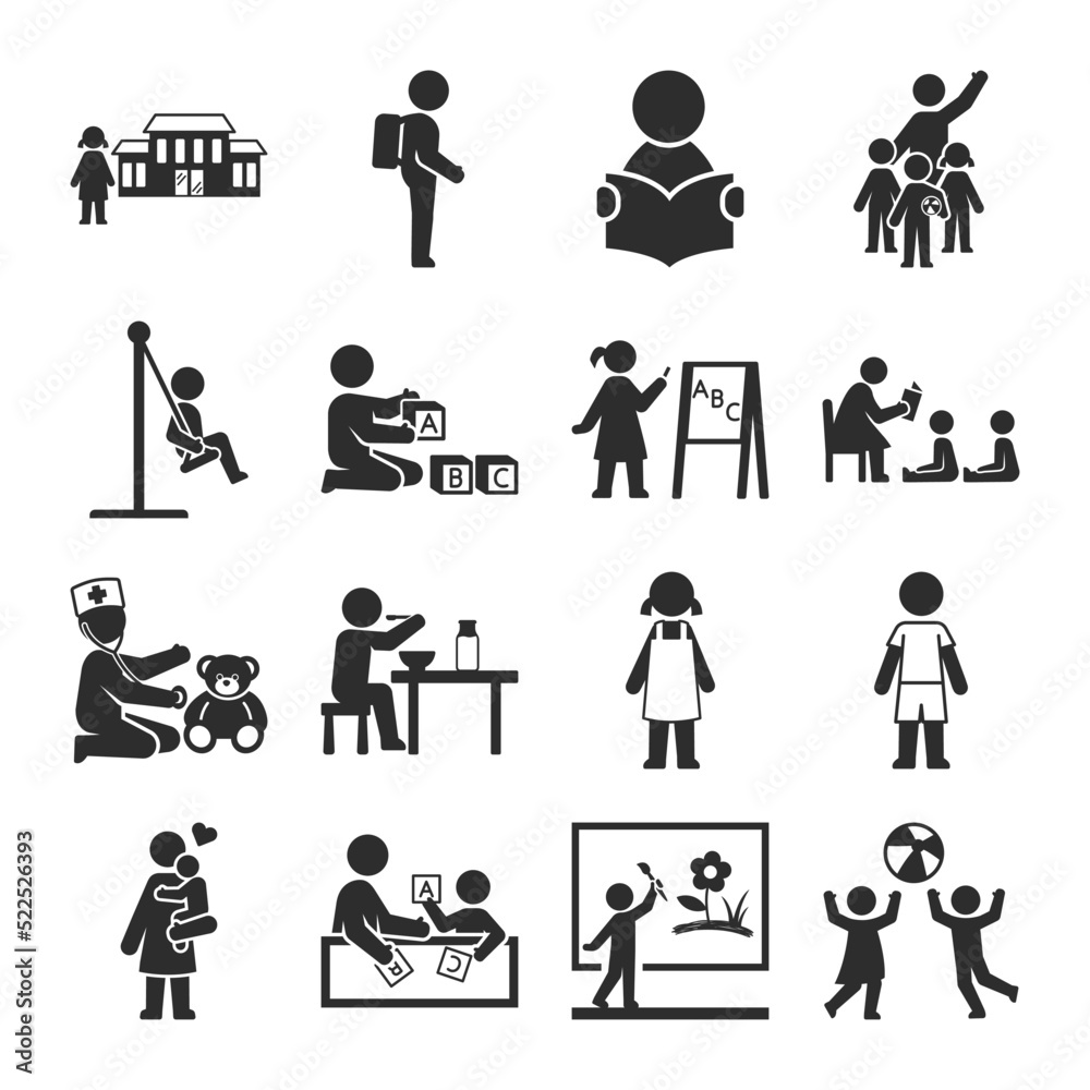 Kindergarten, elementary school, people icons set. Children learn and have fun in the educational institution. Activities for children. Vector black and white icon Kindergarten, elementary school, people icons set. Children learn and have fun in the educational institution. Activities for children. Vector black and white icon