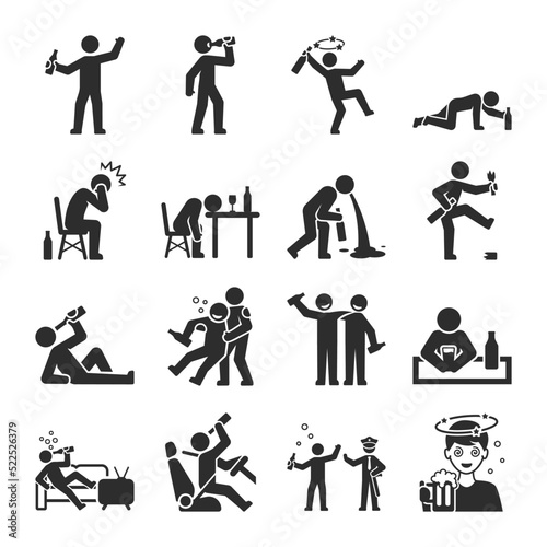 Human drinks alcohol, people icons set. Excessive consumption of alcoholic beverage. Man got drunk. Bad behavior of drunken people. Vector black and white icon, isolated symbol