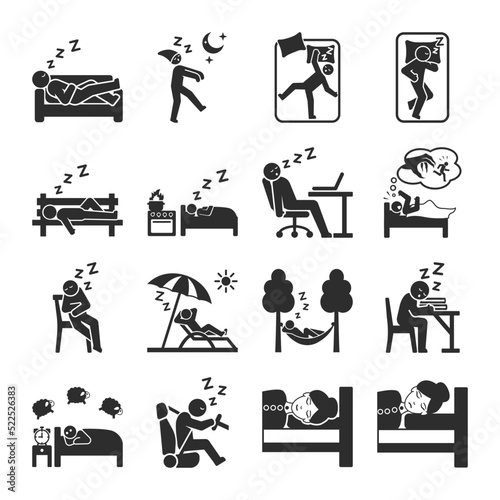 Sleep icons set. People sleeping in different places. A man sleeps and napping. Vector black and white icon