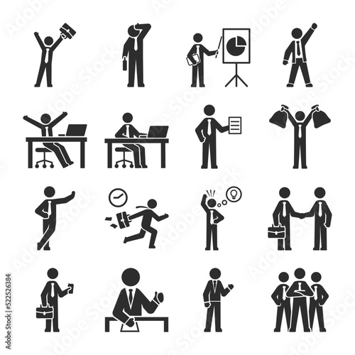 Office worker at work, people icons set. Businessman in different situations. Hiring, workplace, working. A man in a suit and tie. Vector black and white icon, isolated symbol