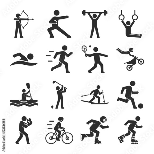 Sports, people icons set. People play a variety of sports. Active lifestyles, physical activities. Vector black and white icon, isolated symbol