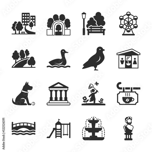 Park icons set. City recreation park. Entertainment for families. Open urban space with greenery. Attractions, paths, gardens, etc.