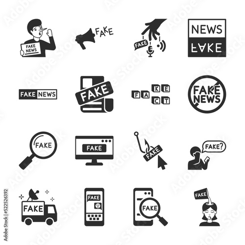 Fake News icons set. Not true news, Yellow journalism. Monochrome black and white icon collection.