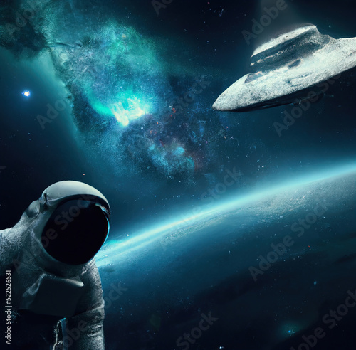Astronaut in spacesuit in outer space and flying ufo around him. Beautiful galaxy nebula 3D illustration. Cosmonaut in universe and aliens fantasy contact. 