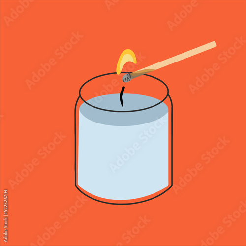Wax or paraffin scented candle and burning match. Cute decoration for home, festive decorative design element. Flat cartoon colorful vector illustration.