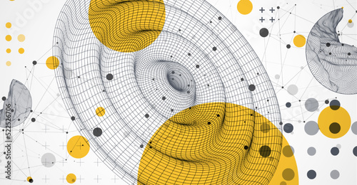 Template for science and technology presentation. Wireframe waves. Plexus style background.
