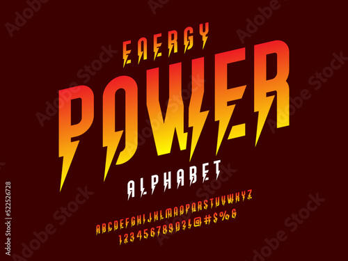 thunder bolt style alphabet design with uppercase, numbers and symbol