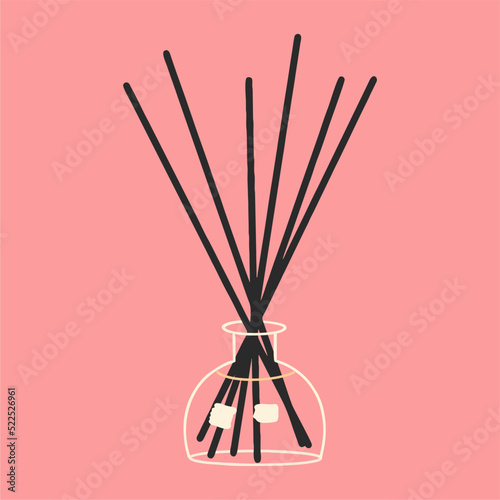 Aroma diffuser. Glass jar with incense sticks on a pink background. Isolated vector illustration.