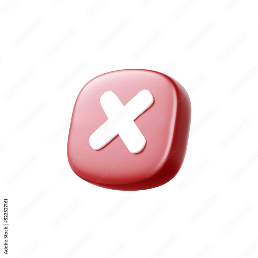 Cancel cross icon isolated over white background. 3d rendering.