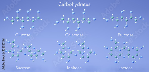 Bilde på lerret carbohydrates - glucose, maltose, sucrose, lactose, moleculars structures, 3d re