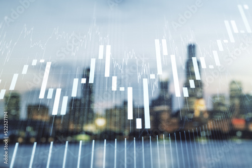 Abstract virtual financial graph hologram on blurry skyline background  forex and investment concept. Multiexposure
